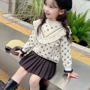 Chique Meisjes Fleece-Gevoerde Trui met Kantafwerking - Schattig & Veelzijdig, Lange Mouwen, Ronde Hals Pullover voor Herfst/Winter