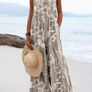 Maxi Jumpsuit met bloemenprint voor dames - Lichtgewicht polyester, vierkante hals, wijde broekontwerp voor lente/zomer vakanties, strandkleding|Bloemenprint Jumpsuit|Wijde broek Jumpsuit
