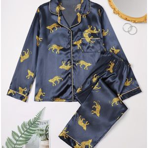 Cardigan Luipaard Satijnen Pyjama Set voor Vrouwen, Lange Mouwen Top met Knoopkraag en Broek, Comfortabele Herfststijl, Geschikt om Buiten te