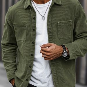 casual corduroy kraagshirt met borstzak - Lange mouwen, ontspannen pasvorm, geometrisch , ideaal voor dagelijks en straatstijl, straatstijl mode|Geometrisch shirt|Duurzaam materiaal