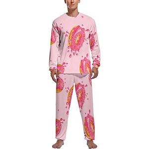 Roze Zoete Donuts Print Zachte Heren Pyjama Set Comfortabele Lange Mouw Loungewear Top En Broek Geschenken 2XL