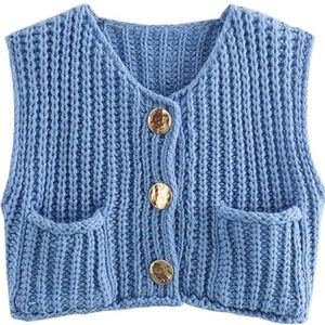 Womens Chunky Knit Crop Sweater Vest Casual,Crop Chunky Crochet Vest Tops Trendy Casual Sleeveless Knit Sweater Vest Cardigan (X-Small,Blue)