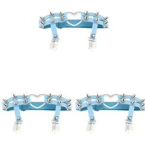 3 Set van 1x Vrouwen Lederen Dubbele Riem Hart Kousenband Elastische Klinknagel Stud Been Jarretelgordel, Lichtblauw