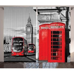 ABAKUHAUS Londen Gordijnen, London Retro Phone Booth, Woonkamer Slaapkamer Raamgordijnen 2-delige set, 280 x 245 cm, rood Grijs