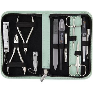 DREI SCHWERTER - Germany 10-delige manicureset 'Spezia' | nageletui in mint kunstleer | Inhoud: nagelschaar, nageltang, pincet, glazen nagelvijl en nog veel meer