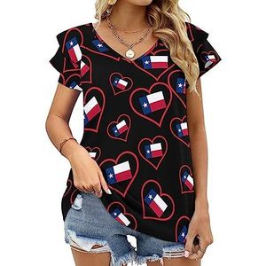 I Love Texa Red Heart Casual tuniek tops ruches korte mouwen T-shirts V-hals blouse T-shirt