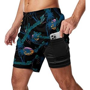 Hawaii Palm Tree Zwembroek voor heren, sneldrogend, 2-in-1 strandsportshorts met compressieliner en zak