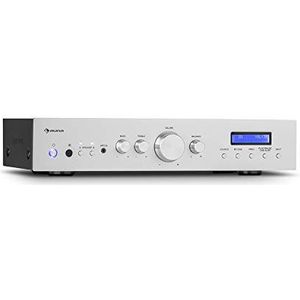 auna AMP-CD608 DAB HiFi stereo versterker versterker, uitgangsvermogen: 4 x 100 watt RMS bij 4 Ohm, 2 stereo box uitgangen, DAB + radio, Bluetooth, optische ingang, AUX-In, CD-In, DVD-In, zilver