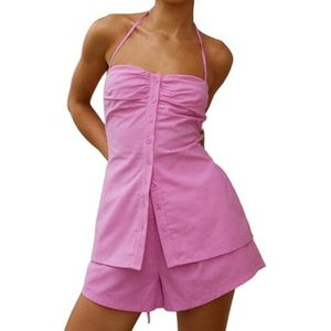 LoprNsdgt Womens Katoen Sexy Geplooid Haltervest En Elastische Taille Shorts Zomer 2-Delige Sets,Roze,L