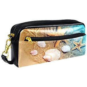 Kleine make-uptas voor dames,leren potloodtas,make-uptas,ses strandschelpen zeesterren,make-uptasje,pentas