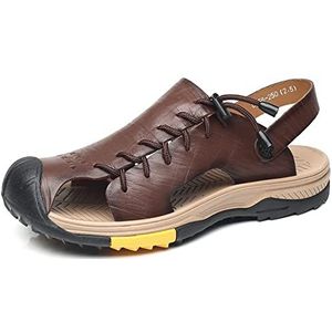 EKsma Leren sandalen voor heren, sport outdoor sandalen met gesloten teen, comfortabele zachte zomerstrandschoenen met verstelbare bandjes, brede pasvorm, wandelsandalen, donkerbruin, 43 EU
