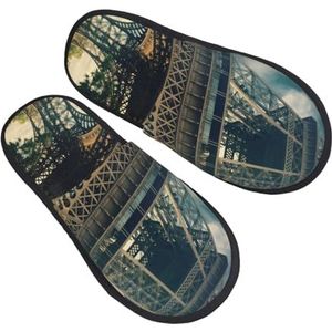 BONDIJ Eiffeltoren Print Slippers Zachte Pluche Huispantoffels Warme Slip-on Slides Gezellige Indoor Outdoor Slippers voor Vrouwen, Zwart, one size