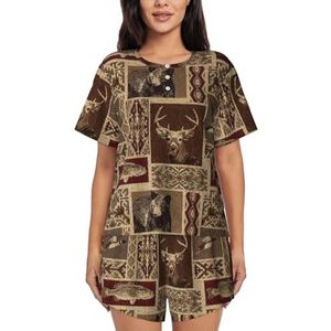 Eland beer hertenprint dames zomer zachte tweedelige bijpassende outfits korte mouw pyjama lounge pyjama sets, Zwart, M