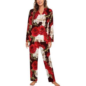 Schedels en rode rozen dames lange mouw button down nachtkleding zachte nachtkleding lounge pyjama set M