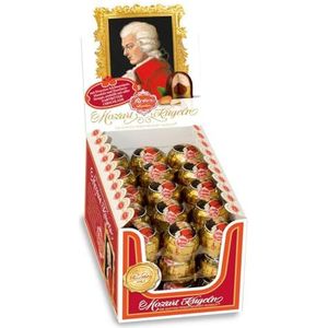 Reber Mozart-ballen, verpakking van 45 stuks, in opklapdoos, echt van zachtbitter-chocolade, marsepein en nougat