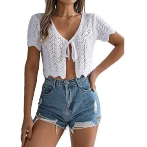 LoprNsdgt Dames Vest Met Korte Mouwen Truien Trendy Ruches Gebreide Cover Up Strandvakantie,Wit,L