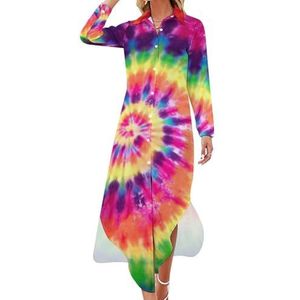 Tie Dye lange mouw maxi hemdjurken voor vrouwen casual V-hals knopen blouses 4XL