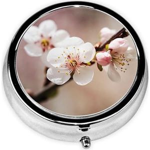 Pillendoosje met spiegel, retro pillendoosje met 3 vakken, kersenbloesem, kleine pillenorganizer voor portemonnee of zak, decoratieve metalen medicijnen, vitamine-organizer, unieke geschenken