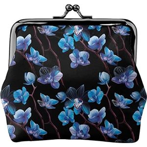 Lederen portemonnee, blauwe zwarte orchidee, lederen luiertas portemonnee met kiss-gesp sluiting aankleedportemonnee, Als afbeelding, Eén maat, Portemonnee