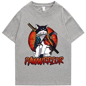 Hip Hop Mannen Street T-Shirt Japanse Kanji Ninja Kat Print T-Shirt 2022 Harajuku Katoen Casual Zomer Korte Mouw T-Shirt Heren Licht Grijs, L
