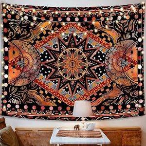 Oranje zon en maan tapijt, wandtapijt, indie, hippie, mandala, coole wandtapijten, esthetisch tapijt voor slaapkamer, woonkamer, 150 x 100 cm