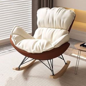 JIESOO Moderne Comfortabele Schommelstoel Binnen Gestoffeerde Kunstleren Loungestoel Met Dik Kussen Dutje Tijdens Het Lezen, Meubels For Woonkamer, Stoelen(Off-white+brown,No footstool)