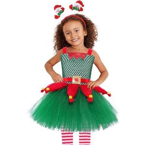 Elfenkostuum voor kinderen | Kerstelfjurk voor meisjes - Kerstelf kostuum voor meisjes Kerstmankostuum Outfit Kerstkleding Hoofdband Cosplay Bittu