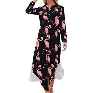 De schattige mooie roze flamingo dames maxi-jurk lange mouwen knopen overhemd jurk casual feest lange jurken S