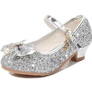 Glitter Kinderen Dans Schoenen Meisjes Hoge Hakken Boog Prinses Model Kristal Enkele Schoenen Pailletten Kinderen Schoenen Vrouwen Prinses Schoenen Meisjes Glitter, Zilver, Size 34 inner length 21cm