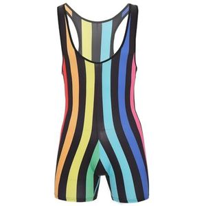 Heren gestreepte worstelen singlet bodysuit badmode mouwloze slim fit fitness shorts romper bodybuilding shapewear bodysuit(Rainbow1,XXL)