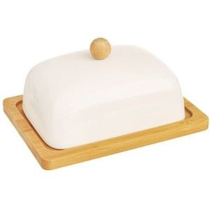 ORION GROUP Porseleinen botervloot met deksel | 16x13x8,5 cm | wit porselein en bamboehout | ecologische botercontainer | perfecte tafel- en keukendecoratie