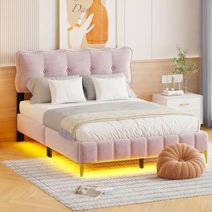VSOGA Gestoffeerd bed 140 x 200 cm, jeugdbed, tweepersoonsbed met LED-verlichting, rugleuning, lattenbodem, fluwelen stof, hoge metalen poten, roze (matras niet inbegrepen)