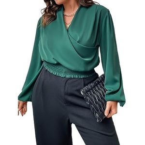 damestop in grote maten Plus blouse met opstaande hals en lantaarnmouwen (Color : Dark Green, Size : 0XL)