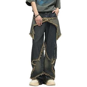 Sawmew Dames Vintage Star Patchwork Y2K Baggy Jeans Hoge taille Broek met rechte pijpen Denim broek met zakken (Color : Blue, Size : M)
