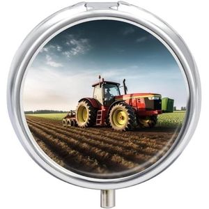 Ronde metalen pillendoos, tractor boerderij bedrukte reispillenorganisator, draagbare pillencontainer, kleine pillendoos voor portemonnee en zak voor het bewaren van vitamines, medicijnen en
