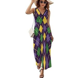 Groen en paars Mardi Gras abstract geometrisch patroon maxi-jurk voor vrouwen mouwloze lange zomerjurken strandjurken A-lijn S