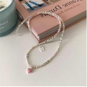 Zilver acryl kralen parelsnoer dames ketting roze emaille hart hanger ketting (Style : SILVER PLATED)