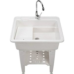 Kunststof Spoelbak, Wasbak met Roestvrijstalen Kraan, Schrobplank, Opbergplank, voor Wasruimte, Keuken en Buitengebruik(White,65cm/26in)