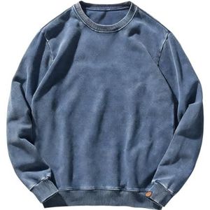 QOUERUUE 100% Katoenen Gebreide Gewassen Denim Sweatshirt voor Heren Casual Ronde Hals Lange Mouwen Losse Versleten Truien,Blauw,3XL