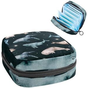 Opbergtas voor maandverband, menstruatiecup zakje, menstruatiezakorganizer voor vrouwelijke pads tampons, aquarel walvissen op donker
