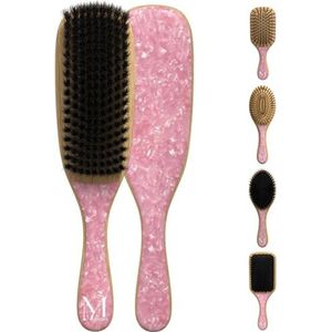 MOONIE'S Haarborstel van 100% bamboe, vierkante borstel met wildzwijnhaar, ideaal voor glanzende, gladde slanke looks, premium houten haarborstel voor dames, heren en kinderen, haarborstel voor lang