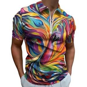 Kleurrijke Pauwenveren Half Zip-up Polo Shirts Voor Mannen Slim Fit Korte Mouw T-shirt Sneldrogende Golf Tops Tees 5XL