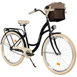 Comfortabele stadsfiets met mand vintage damesfiets Hollandfiets, 26 inch, zwart-crème, 1 versnellingen