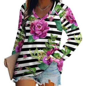 Roze bloemen - zwart-witte strepen casual T-shirts met lange mouwen voor dames V-hals bedrukte grafische blouses T-tops S