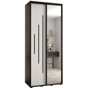 MEBLE KRYSPOL Davos 13 100 Kledingkast met twee schuifdeuren voor slaapkamer - Moderne Kledingkast met spiegel, kledingroede en planken - 235,2x100x45 cm - Zwart Wit Zwart