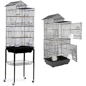 OHMG Voliere Voliere voor binnen, vogelkooi, papegaai, voor kanaries, parkieten, met afneembare houder, open dak, huisdesign, met 4 wielen, 46 x 35,5 x 158,5 cm, zwart