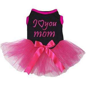 Petitebelle Ik hou van je Moeder Katoen Shirt Tutu Puppy Kleding Jurk, X-Small, Zwart/Heet Roze