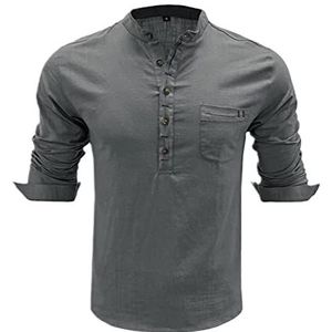 WEITING Linnen overhemd voor heren, opstaande kraag, katoenen linnen structuur met borstzakken, casual overhemd voor heren, Grijs, XL