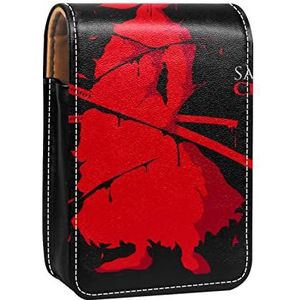 Draagbare Lipstick Case voor op reis, Mini Lipstick Opbergdoos met spiegel voor dames dames, Lederen cosmetische etui Rode Japanse Samurai Clans Warrior Splash, Meerkleurig, 9.5x2x7 cm/3.7x0.8x2.7 in
