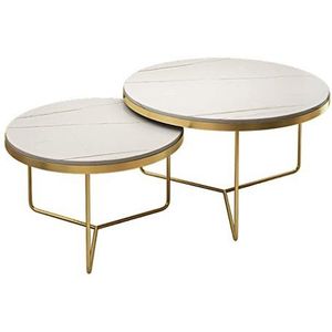 JAVPTAV Set van 2 nestelende salontafels, stapelkamer accenttafels met marmeren textuur en metalen frame, cirkel bijzettafel voor kamer (kleur: wit, maat: 45 x 37 cm + 60 x 45 cm)